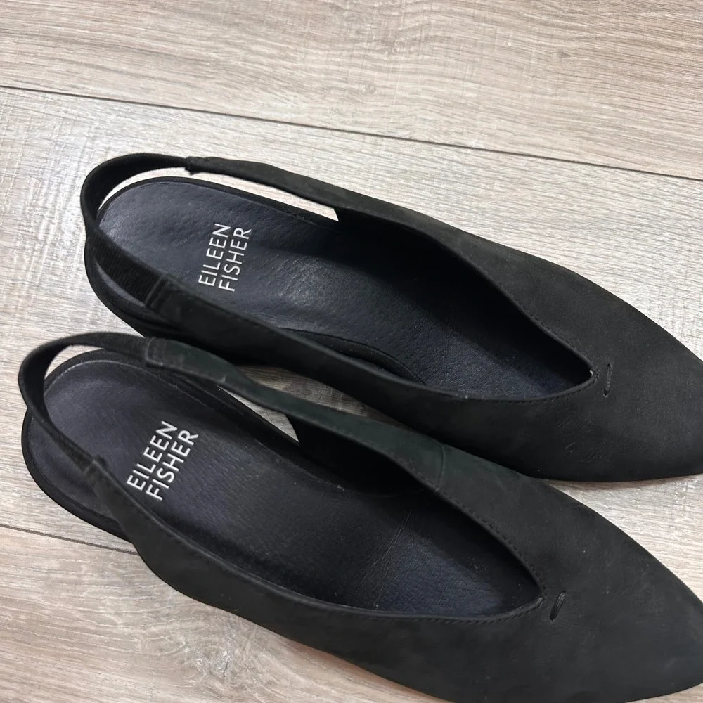 Eileen Fisher Devi Tumbled Nubuck Black Leather Slingback Wedge Heels Women's‎ 6